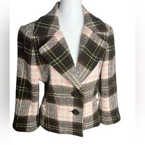 SALE CAbi Plaid Wool Blend Kate 3/4 Sleeves Pea Coat Pink and Brown Blazer 8